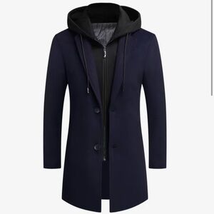 Men's Wool Blend Two-Piece Hooded Pea Coat - Navy Blue - Sz 0XL - 6XL